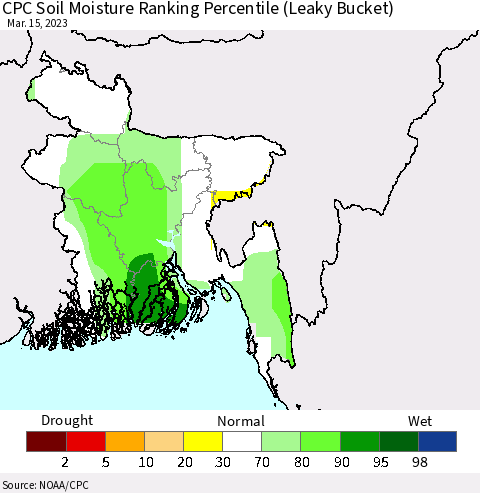 Bangladesh CPC Soil Moisture Ranking Percentile (Leaky Bucket) Thematic Map For 3/11/2023 - 3/15/2023