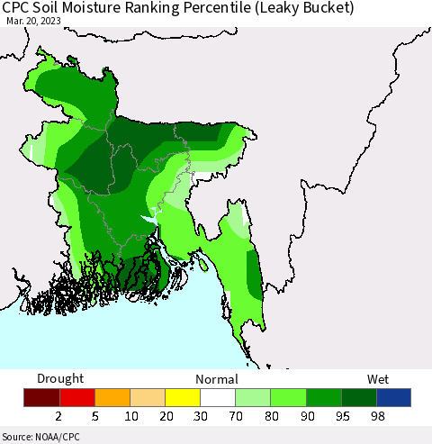 Bangladesh CPC Soil Moisture Ranking Percentile (Leaky Bucket) Thematic Map For 3/16/2023 - 3/20/2023