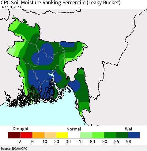 Bangladesh CPC Soil Moisture Ranking Percentile (Leaky Bucket) Thematic Map For 3/26/2023 - 3/31/2023