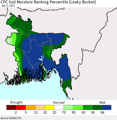 Bangladesh CPC Soil Moisture Ranking Percentile (Leaky Bucket) Thematic Map For 4/1/2023 - 4/5/2023