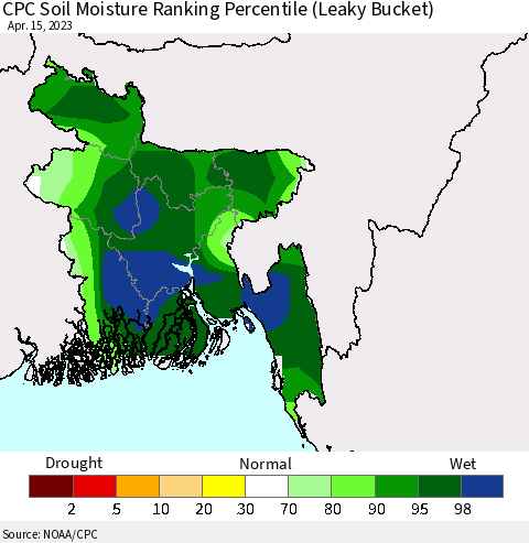 Bangladesh CPC Soil Moisture Ranking Percentile (Leaky Bucket) Thematic Map For 4/11/2023 - 4/15/2023