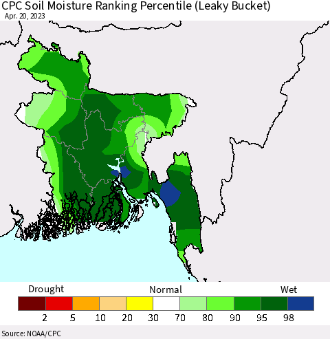 Bangladesh CPC Soil Moisture Ranking Percentile (Leaky Bucket) Thematic Map For 4/16/2023 - 4/20/2023