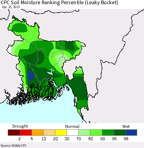 Bangladesh CPC Soil Moisture Ranking Percentile (Leaky Bucket) Thematic Map For 4/21/2023 - 4/25/2023