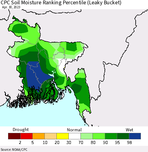 Bangladesh CPC Soil Moisture Ranking Percentile (Leaky Bucket) Thematic Map For 4/26/2023 - 4/30/2023