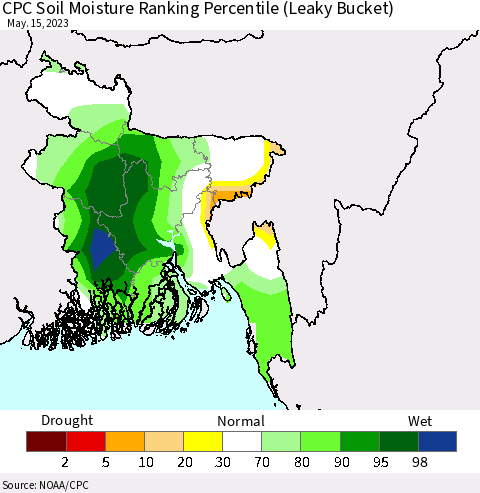 Bangladesh CPC Soil Moisture Ranking Percentile (Leaky Bucket) Thematic Map For 5/11/2023 - 5/15/2023