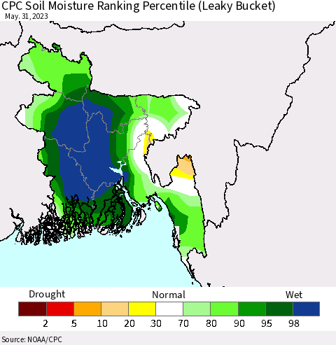 Bangladesh CPC Soil Moisture Ranking Percentile (Leaky Bucket) Thematic Map For 5/26/2023 - 5/31/2023