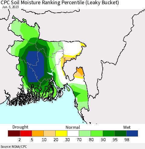 Bangladesh CPC Soil Moisture Ranking Percentile (Leaky Bucket) Thematic Map For 6/1/2023 - 6/5/2023
