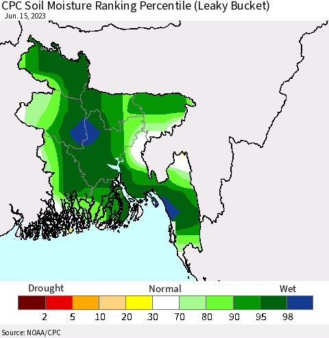 Bangladesh CPC Soil Moisture Ranking Percentile (Leaky Bucket) Thematic Map For 6/11/2023 - 6/15/2023