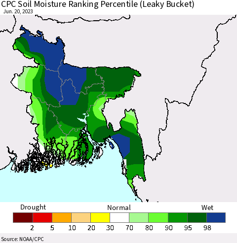 Bangladesh CPC Soil Moisture Ranking Percentile (Leaky Bucket) Thematic Map For 6/16/2023 - 6/20/2023