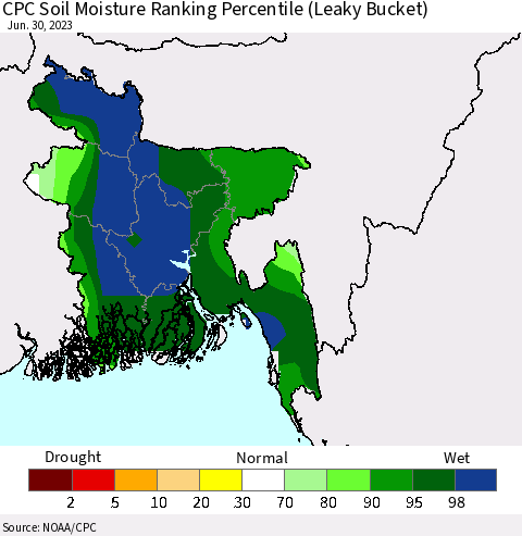 Bangladesh CPC Soil Moisture Ranking Percentile (Leaky Bucket) Thematic Map For 6/26/2023 - 6/30/2023