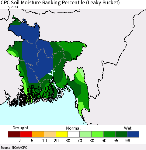 Bangladesh CPC Soil Moisture Ranking Percentile (Leaky Bucket) Thematic Map For 7/1/2023 - 7/5/2023