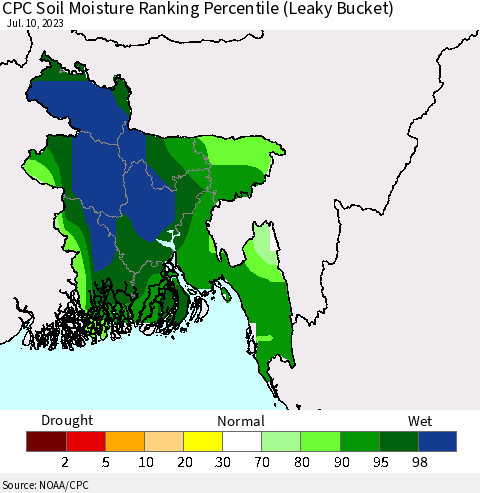 Bangladesh CPC Soil Moisture Ranking Percentile (Leaky Bucket) Thematic Map For 7/6/2023 - 7/10/2023