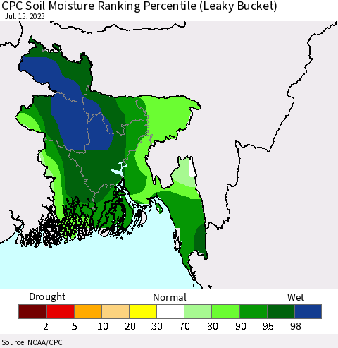 Bangladesh CPC Soil Moisture Ranking Percentile (Leaky Bucket) Thematic Map For 7/11/2023 - 7/15/2023