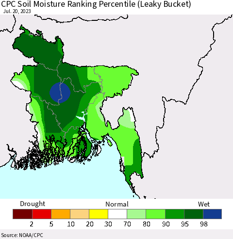 Bangladesh CPC Soil Moisture Ranking Percentile (Leaky Bucket) Thematic Map For 7/16/2023 - 7/20/2023