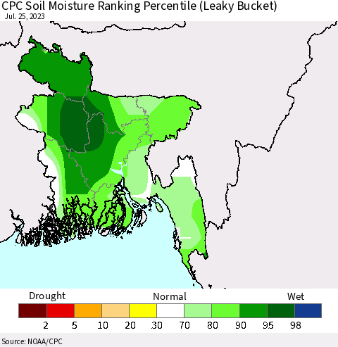 Bangladesh CPC Soil Moisture Ranking Percentile (Leaky Bucket) Thematic Map For 7/21/2023 - 7/25/2023
