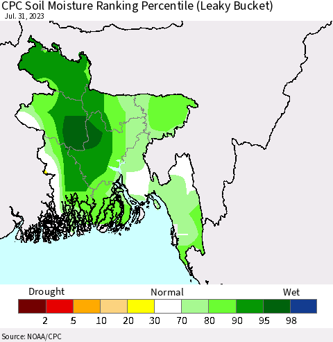 Bangladesh CPC Soil Moisture Ranking Percentile (Leaky Bucket) Thematic Map For 7/26/2023 - 7/31/2023