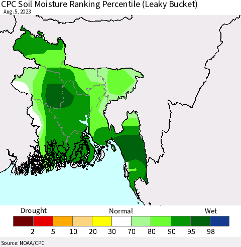 Bangladesh CPC Soil Moisture Ranking Percentile (Leaky Bucket) Thematic Map For 8/1/2023 - 8/5/2023
