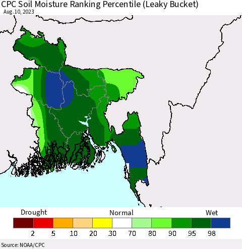 Bangladesh CPC Soil Moisture Ranking Percentile (Leaky Bucket) Thematic Map For 8/6/2023 - 8/10/2023