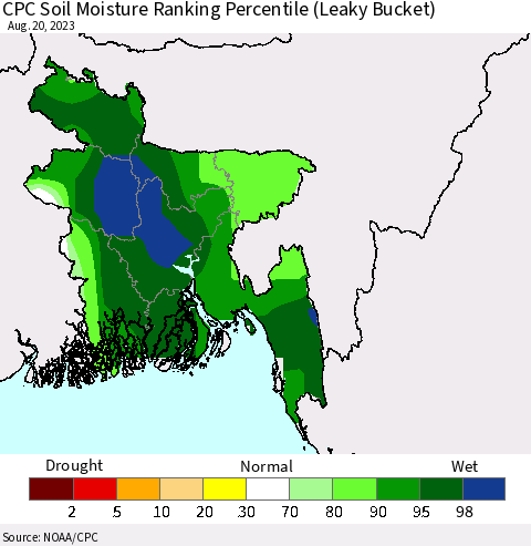 Bangladesh CPC Soil Moisture Ranking Percentile (Leaky Bucket) Thematic Map For 8/16/2023 - 8/20/2023
