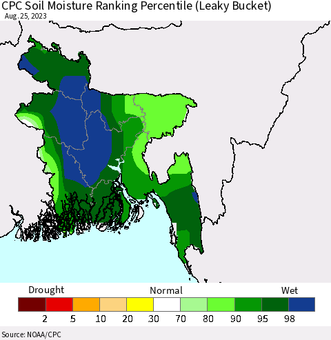 Bangladesh CPC Soil Moisture Ranking Percentile (Leaky Bucket) Thematic Map For 8/21/2023 - 8/25/2023