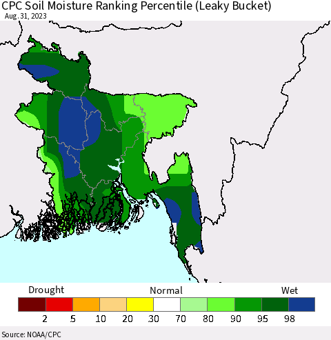 Bangladesh CPC Soil Moisture Ranking Percentile (Leaky Bucket) Thematic Map For 8/26/2023 - 8/31/2023