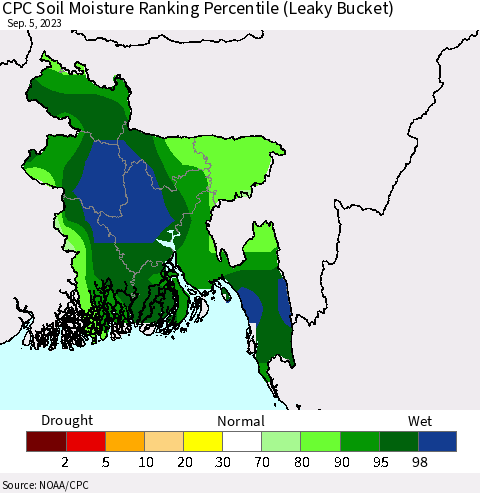Bangladesh CPC Soil Moisture Ranking Percentile (Leaky Bucket) Thematic Map For 9/1/2023 - 9/5/2023