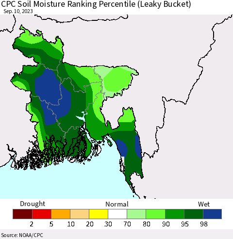 Bangladesh CPC Soil Moisture Ranking Percentile (Leaky Bucket) Thematic Map For 9/6/2023 - 9/10/2023