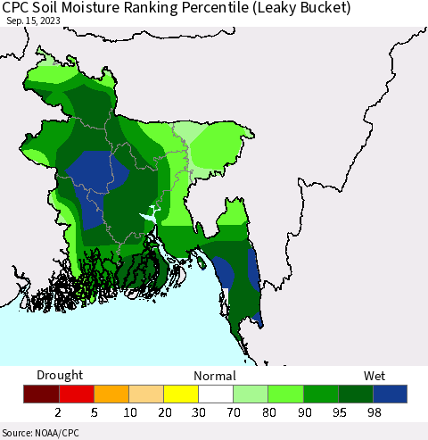 Bangladesh CPC Soil Moisture Ranking Percentile (Leaky Bucket) Thematic Map For 9/11/2023 - 9/15/2023