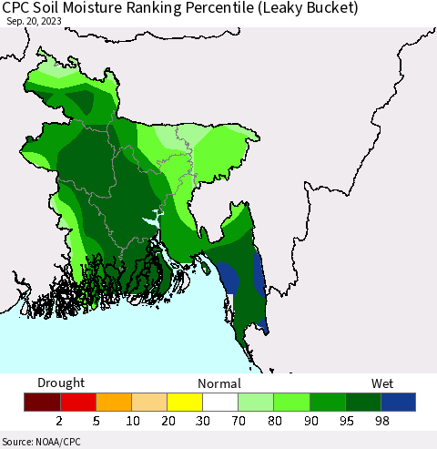 Bangladesh CPC Soil Moisture Ranking Percentile (Leaky Bucket) Thematic Map For 9/16/2023 - 9/20/2023