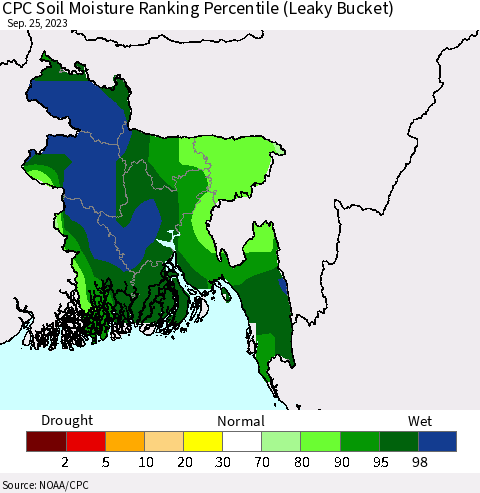 Bangladesh CPC Soil Moisture Ranking Percentile (Leaky Bucket) Thematic Map For 9/21/2023 - 9/25/2023
