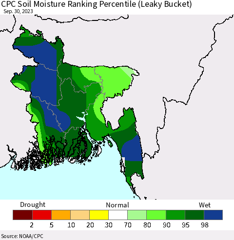 Bangladesh CPC Soil Moisture Ranking Percentile (Leaky Bucket) Thematic Map For 9/26/2023 - 9/30/2023