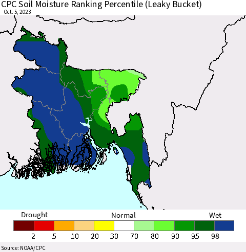 Bangladesh CPC Soil Moisture Ranking Percentile (Leaky Bucket) Thematic Map For 10/1/2023 - 10/5/2023