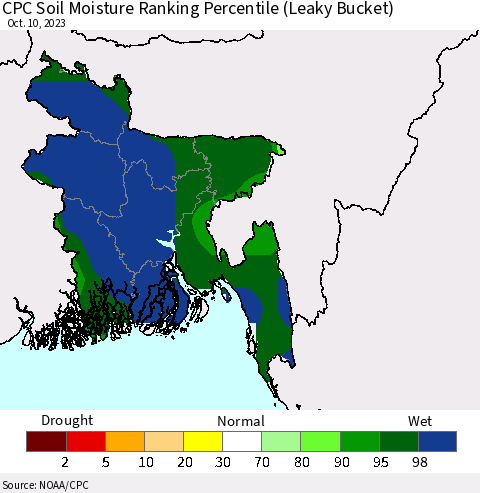 Bangladesh CPC Soil Moisture Ranking Percentile (Leaky Bucket) Thematic Map For 10/6/2023 - 10/10/2023