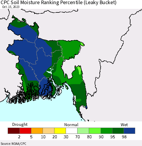 Bangladesh CPC Soil Moisture Ranking Percentile (Leaky Bucket) Thematic Map For 10/11/2023 - 10/15/2023