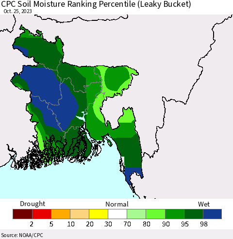 Bangladesh CPC Soil Moisture Ranking Percentile (Leaky Bucket) Thematic Map For 10/21/2023 - 10/25/2023