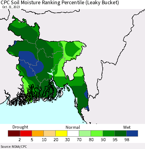 Bangladesh CPC Soil Moisture Ranking Percentile (Leaky Bucket) Thematic Map For 10/26/2023 - 10/31/2023
