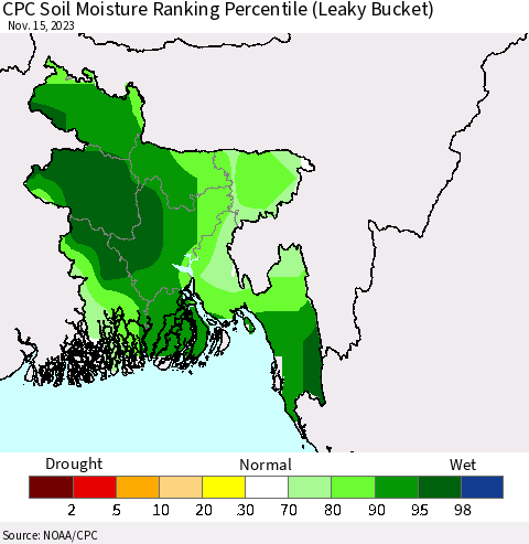 Bangladesh CPC Soil Moisture Ranking Percentile (Leaky Bucket) Thematic Map For 11/11/2023 - 11/15/2023