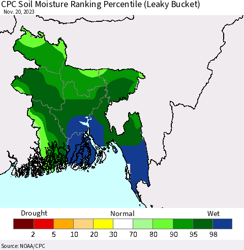 Bangladesh CPC Soil Moisture Ranking Percentile (Leaky Bucket) Thematic Map For 11/16/2023 - 11/20/2023