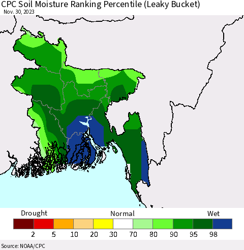 Bangladesh CPC Soil Moisture Ranking Percentile (Leaky Bucket) Thematic Map For 11/26/2023 - 11/30/2023