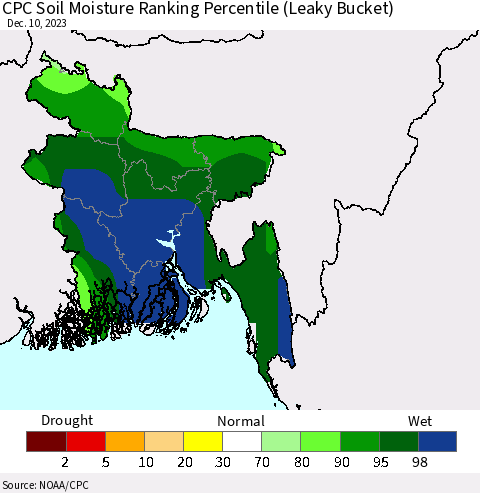 Bangladesh CPC Soil Moisture Ranking Percentile (Leaky Bucket) Thematic Map For 12/6/2023 - 12/10/2023