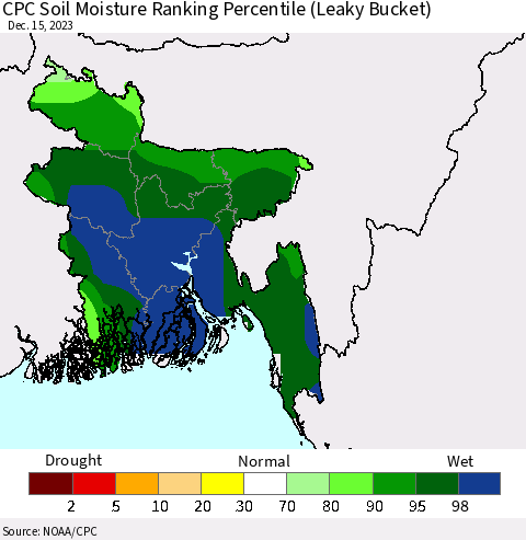 Bangladesh CPC Soil Moisture Ranking Percentile (Leaky Bucket) Thematic Map For 12/11/2023 - 12/15/2023
