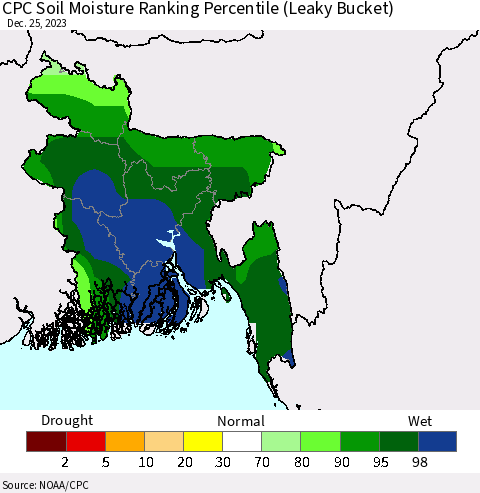 Bangladesh CPC Soil Moisture Ranking Percentile (Leaky Bucket) Thematic Map For 12/21/2023 - 12/25/2023