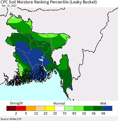 Bangladesh CPC Soil Moisture Ranking Percentile (Leaky Bucket) Thematic Map For 12/26/2023 - 12/31/2023