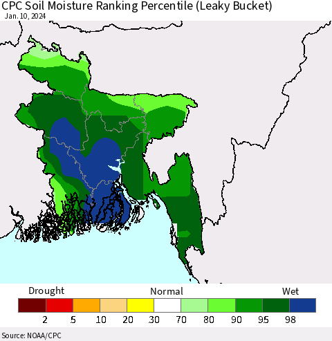 Bangladesh CPC Soil Moisture Ranking Percentile (Leaky Bucket) Thematic Map For 1/6/2024 - 1/10/2024