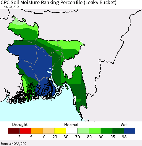 Bangladesh CPC Soil Moisture Ranking Percentile (Leaky Bucket) Thematic Map For 1/16/2024 - 1/20/2024