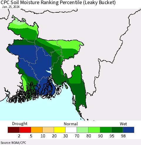 Bangladesh CPC Soil Moisture Ranking Percentile (Leaky Bucket) Thematic Map For 1/21/2024 - 1/25/2024
