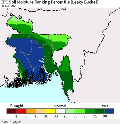 Bangladesh CPC Soil Moisture Ranking Percentile (Leaky Bucket) Thematic Map For 1/26/2024 - 1/31/2024