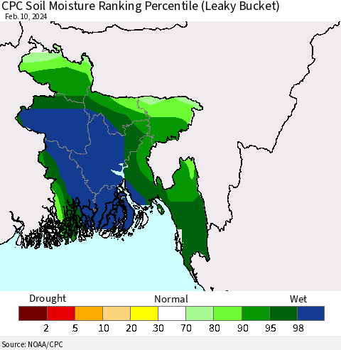 Bangladesh CPC Soil Moisture Ranking Percentile (Leaky Bucket) Thematic Map For 2/6/2024 - 2/10/2024