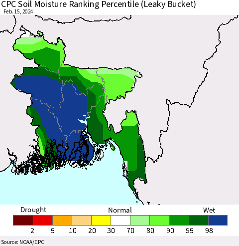 Bangladesh CPC Soil Moisture Ranking Percentile (Leaky Bucket) Thematic Map For 2/11/2024 - 2/15/2024
