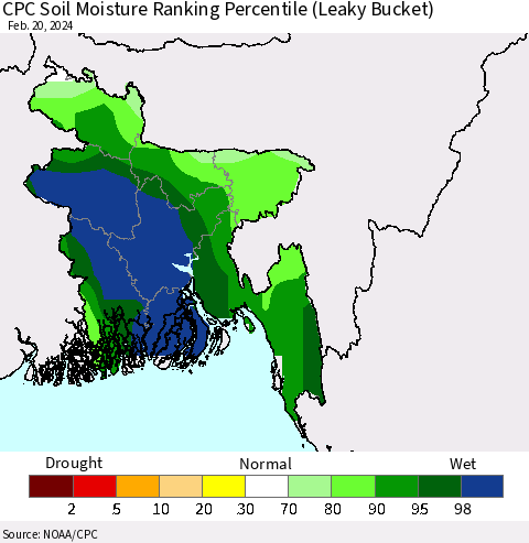 Bangladesh CPC Soil Moisture Ranking Percentile (Leaky Bucket) Thematic Map For 2/16/2024 - 2/20/2024